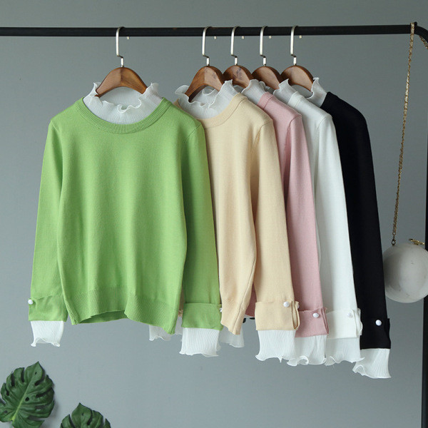 Őszi női blúz kerek nyakkivágással, zöld, fehér, fekete, rózsaszín és sárga színben