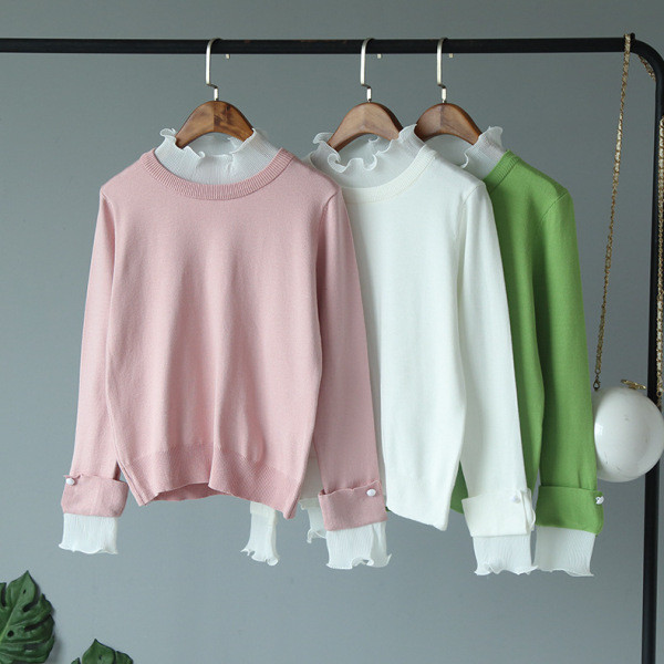 Őszi női blúz kerek nyakkivágással, zöld, fehér, fekete, rózsaszín és sárga színben