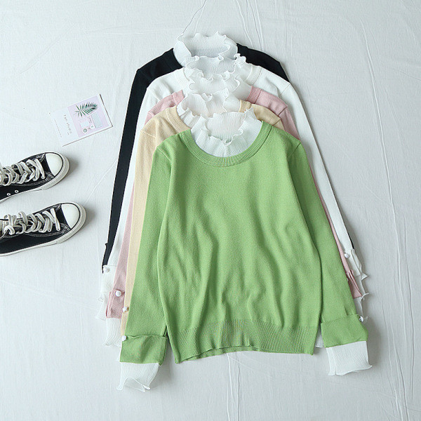 Őszi női blúz kerek nyakkivágással, zöld, fehér, fekete, rózsaszín és sárga színben