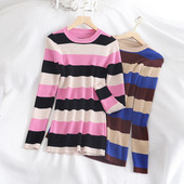 Pulover de dama cu dungi in albastru si roz cu decolteu rotund