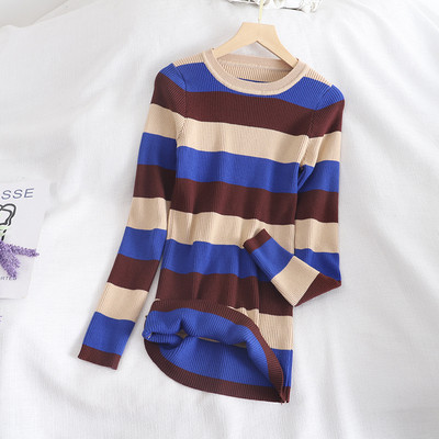 Pulover de dama cu dungi in albastru si roz cu decolteu rotund