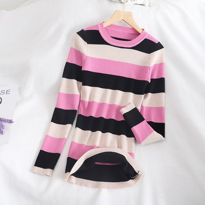 Pulover de dama cu dungi in albastru si roz cu decolteu rotund