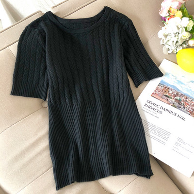 Női pulóver kerek nyakkivágással és rövid ujjú rózsaszín, sárga, bézs, fehér, bordó, zöld és fekete színekben