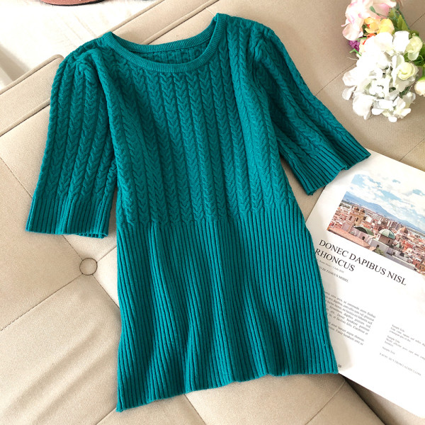 Női pulóver kerek nyakkivágással és rövid ujjú rózsaszín, sárga, bézs, fehér, bordó, zöld és fekete színekben