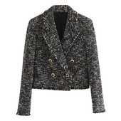 Jachetă scurtă casual din tweed, cu închidere neagră la două piept