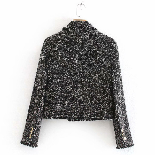 Jachetă scurtă casual din tweed, cu închidere neagră la două piept