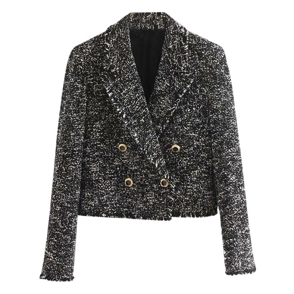 Jachetă scurtă casual din tweed, cu închidere neagră la două piept