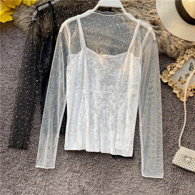 Stílusos női tüll blúz ovális nyakkivágással és hosszú ujjú fehér és fekete színben