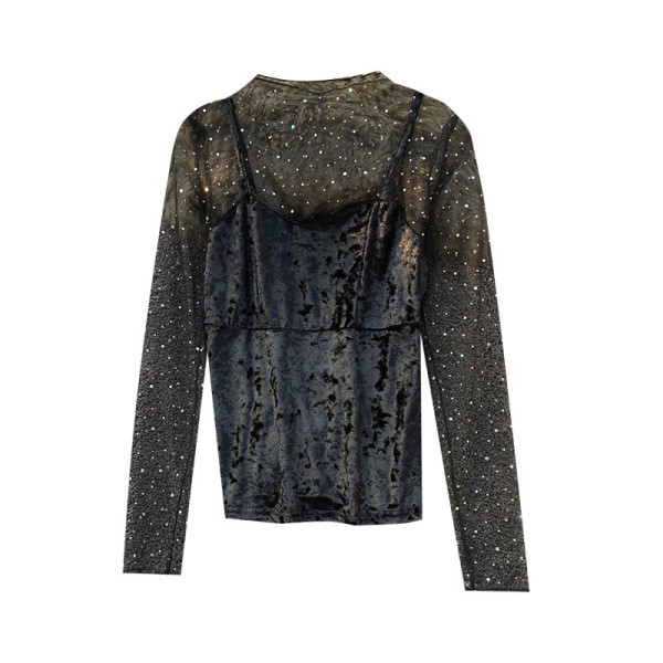 Stílusos női tüll blúz ovális nyakkivágással és hosszú ujjú fehér és fekete színben