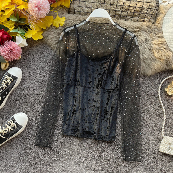 Stílusos női tüll blúz ovális nyakkivágással és hosszú ujjú fehér és fekete színben