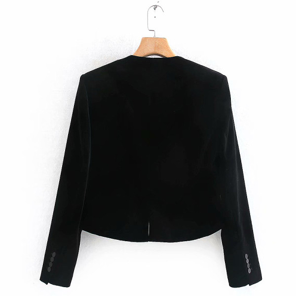 Jachetă scurtă modernă de catifea de culoare neagră, cu mâneci lungi