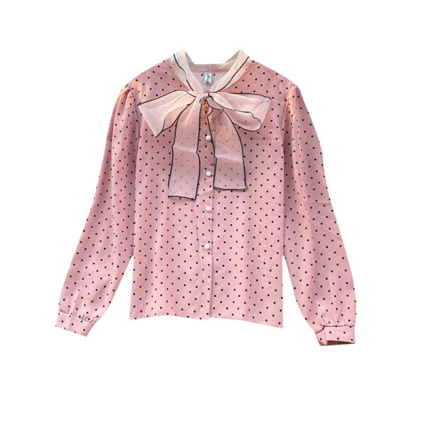 Modern női ing fehér, fekete és rózsaszín pöttyös szalaggal