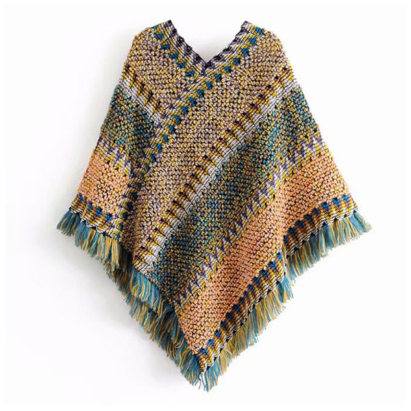 Női téli poncsó piros és sárga rojtokkal