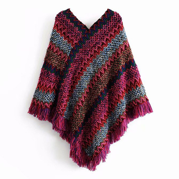 Női téli poncsó piros és sárga rojtokkal