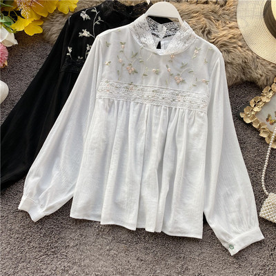 Cămașă de damă modernă cu guler înalt și broderie în alb, negru, bej și roz