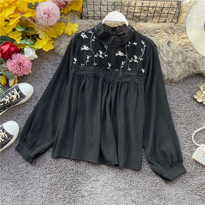 Cămașă de damă modernă cu guler înalt și broderie în alb, negru, bej și roz