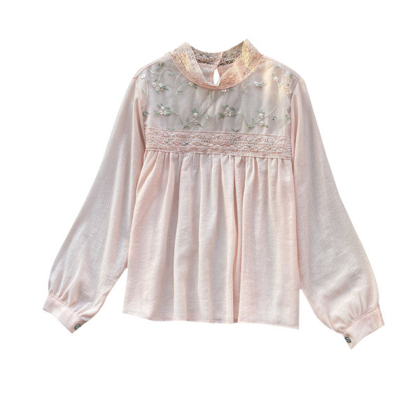 Cămașă de damă modernă cu guler înalt și broderie în alb, negru, bej și roz