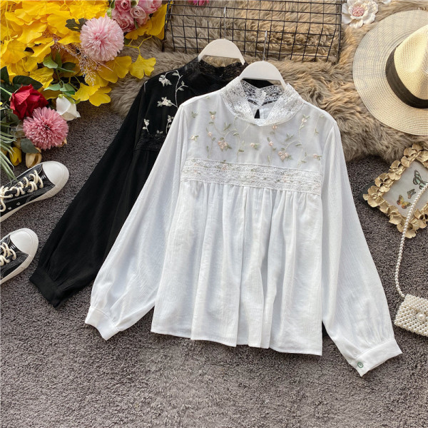 Cămașă de damă modernă cu guler înalt și broderie în alb, negru, bej și roz