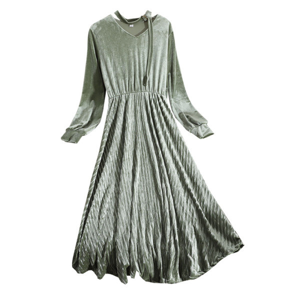 Retro stílusú női ruha zöld, rózsaszín és szürke színben, V-nyakú és hosszú ujjú