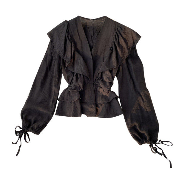 Modern női ing spitz nyakkivágással és bézs és fekete nyakkendővel