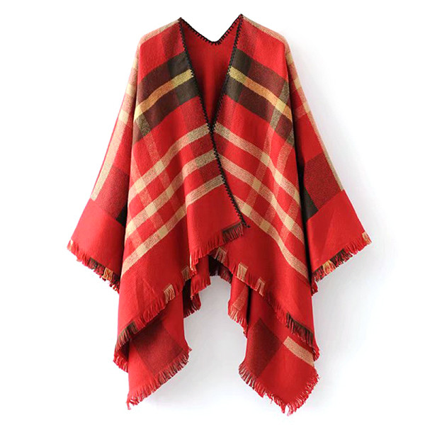 Női kockás poncsó retro stílusú, piros és fekete rojtokkal