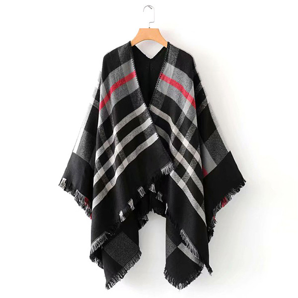 Női kockás poncsó retro stílusú, piros és fekete rojtokkal