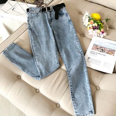 Alkalmi női farmer kék és szürke színben, magas derékkal és övvel