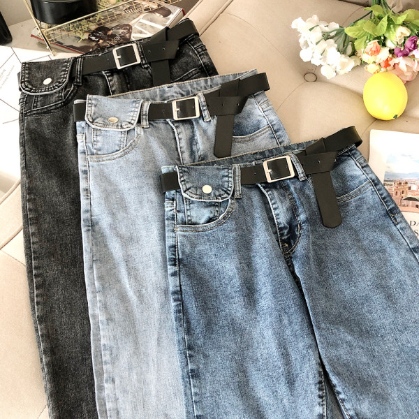 Alkalmi női farmer kék és szürke színben, magas derékkal és övvel