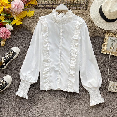 Alkalmi női ing magas gallérral és fürtökkel, fehér, fekete és bézs színben