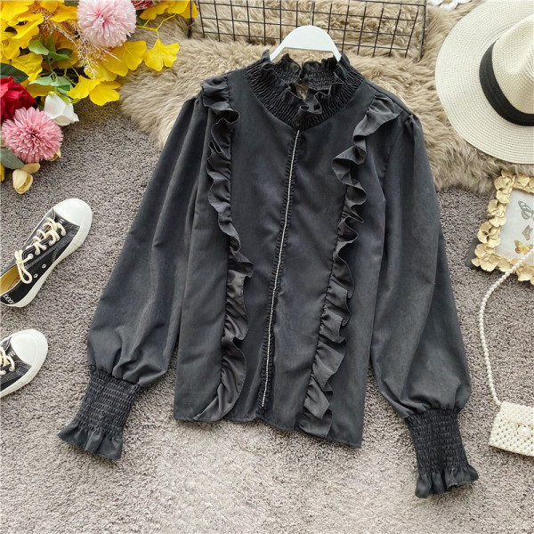 Alkalmi női ing magas gallérral és fürtökkel, fehér, fekete és bézs színben