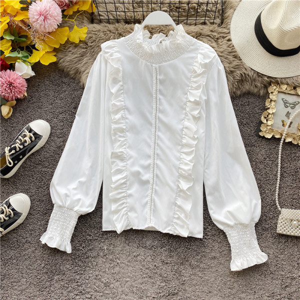 Alkalmi női ing magas gallérral és fürtökkel, fehér, fekete és bézs színben