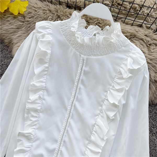 Alkalmi női ing magas gallérral és fürtökkel, fehér, fekete és bézs színben