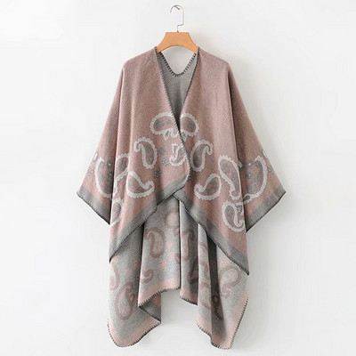 Poncho de iarnă cu tricot jacquard în negru, gri și albastru