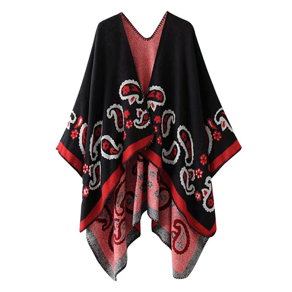 Poncho de iarnă cu tricot jacquard în negru, gri și albastru