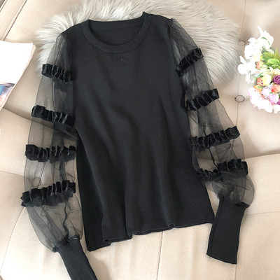 Modern női blúz több színben kerek nyakkivágással, tüll ujjakkal