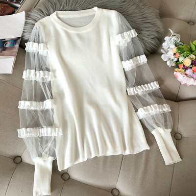 Modern női blúz több színben kerek nyakkivágással, tüll ujjakkal