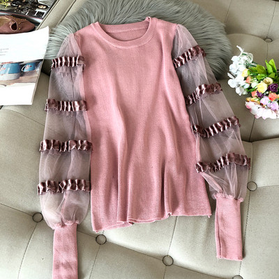 Modern női blúz több színben kerek nyakkivágással, tüll ujjakkal