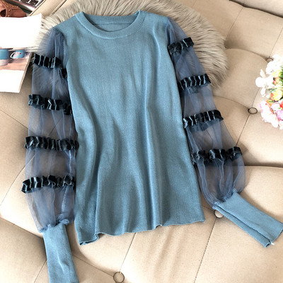 Modern női blúz több színben kerek nyakkivágással, tüll ujjakkal