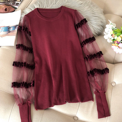 Modern női blúz több színben kerek nyakkivágással, tüll ujjakkal