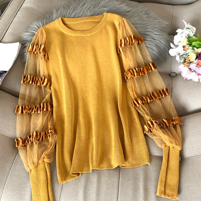 Modern női blúz több színben kerek nyakkivágással, tüll ujjakkal