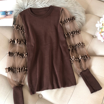 Modern női blúz több színben kerek nyakkivágással, tüll ujjakkal