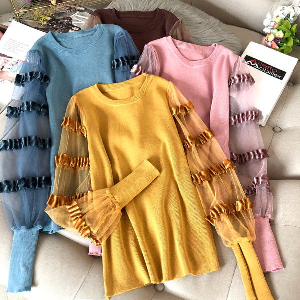 Modern női blúz több színben kerek nyakkivágással, tüll ujjakkal