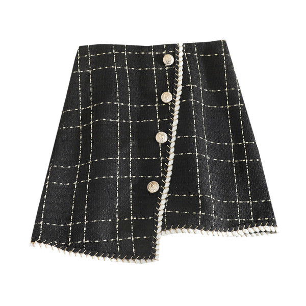 Fusta dama in carouri cu nasturi si talie inalta in albastru, alb si negru