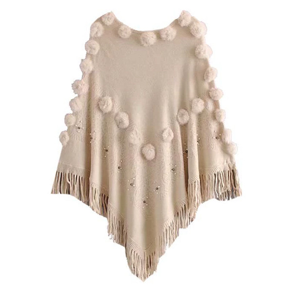 Női poncsó rojtokkal és pehelyszínnel, bézs színben