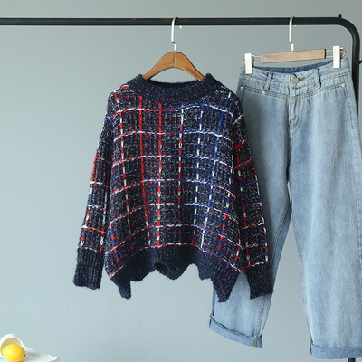 Női téli pulóver kerek nyakkivágással, kék, fehér és narancs színben