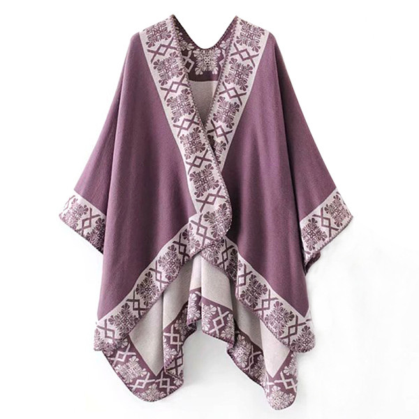 Hosszú poncsó vékony kötött lila, sárga és kék mintával