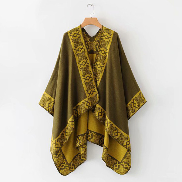 Hosszú poncsó vékony kötött lila, sárga és kék mintával