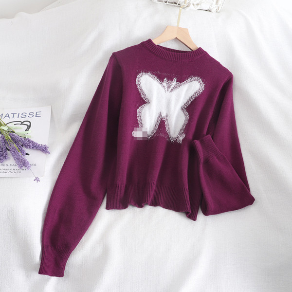 Γυναικείο πουλόβερ στυλ ρετρό σε μωβ και καφέ χρώμαμε στρογγυλή λαιμόκοψη