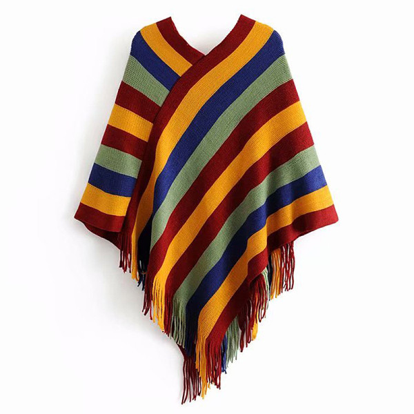 Csíkos kötött poncsó spitz nyakkivágással, piros és barna színben