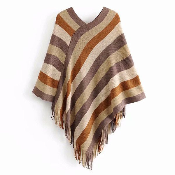 Csíkos kötött poncsó spitz nyakkivágással, piros és barna színben